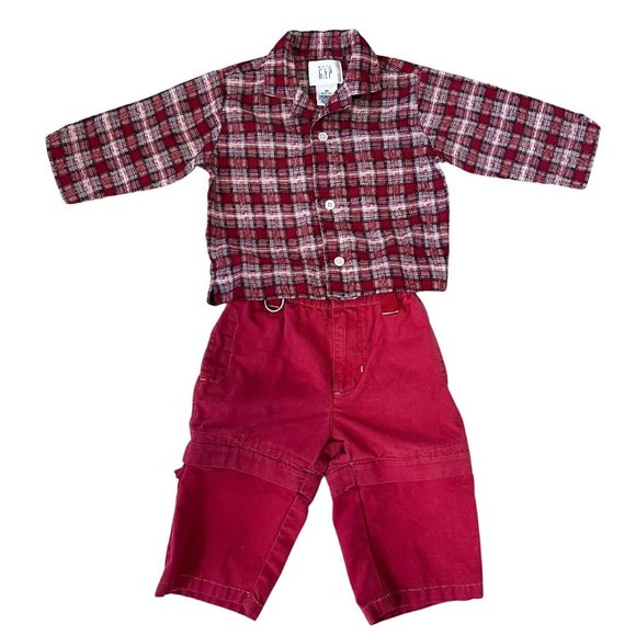 Baby Gap Boy Plaid Shirt Long Sleeve Pants Outfit Size 6-12 Months Maroon - Picture 1 of 5